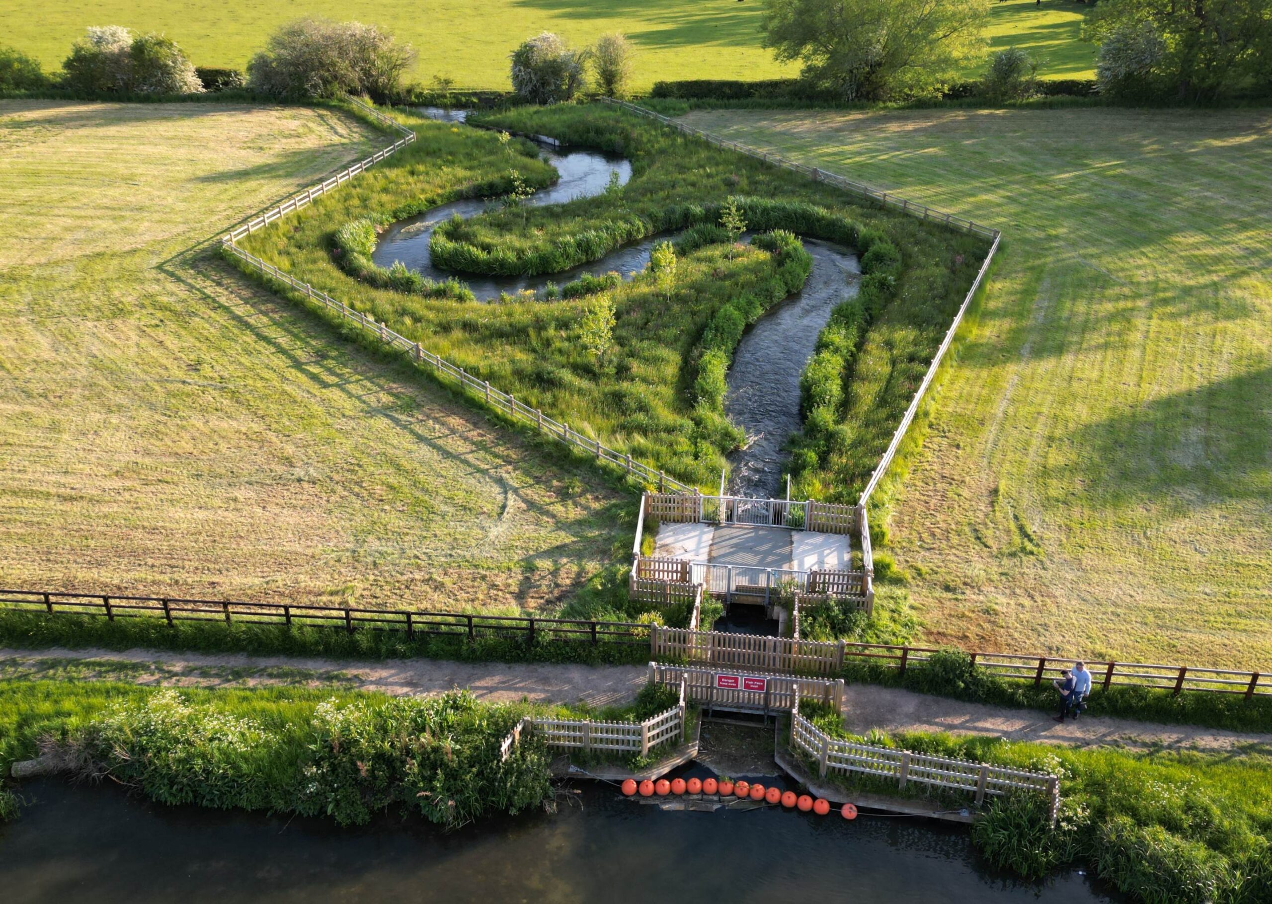 Land + Water Mapledurham overhead shot of a new dam.